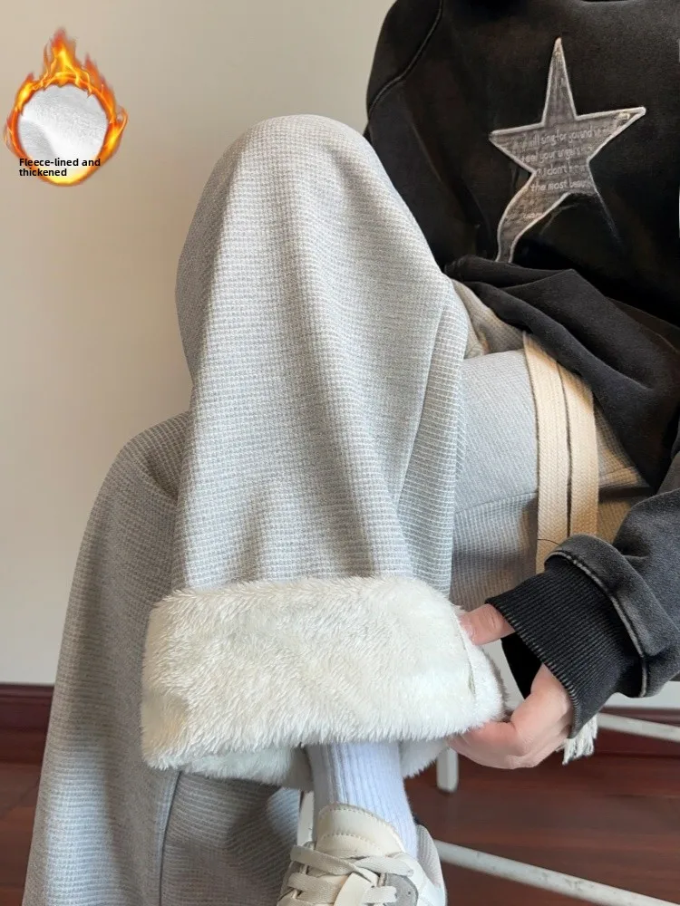 

Men's Winter Thiened Fce Lamb Velvet Sports Straight Leg Casual Pants Loose Fit Faionable Youth Brand Elastic Waist