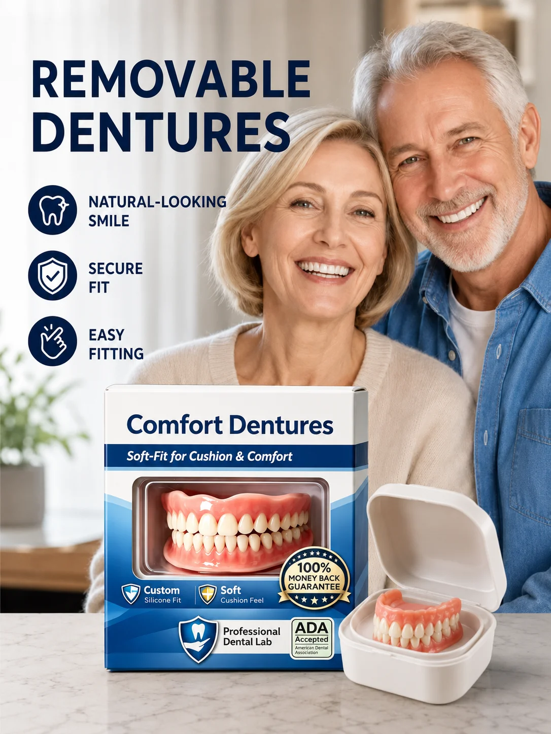 Silicone Dentures Full Set,Upper Lower Fake Teeth,Natural Shade,Includes Box,Ideal For Oral Health And Confidence Restoration