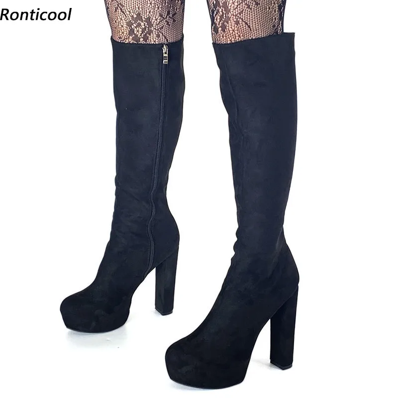 

Rontic Handmade Women Winter Platform Knee Boots Full Side Zipper Chunky Heels Round Toe Elegant Black Party Shoes US Size 5-20