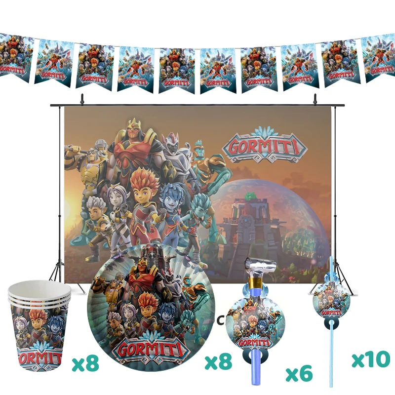 GORMITI Birthday Party Decorations Warrior Theme Supplys Banner Cups Plates for Kids