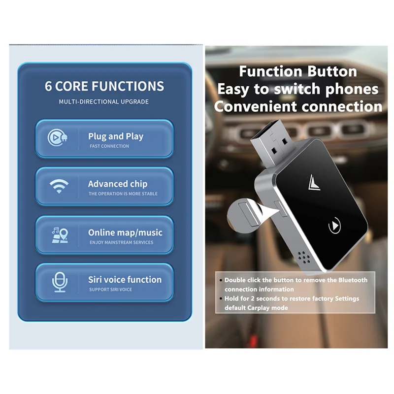 

M13kcarplay Adapter 2 In 1 Wireless Aluminum Alloy For Car Connection Without Delay Silver