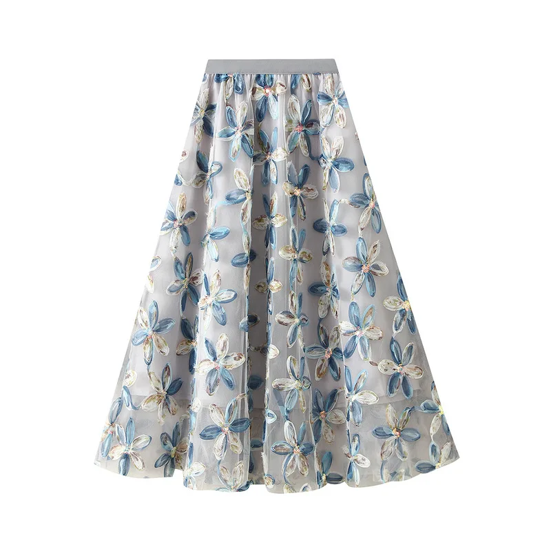 

Women's Summer New French Style Heavy Industry High-Waist Color-blocking Floral Embroidery Sequin All Match Mesh A-line Skirts