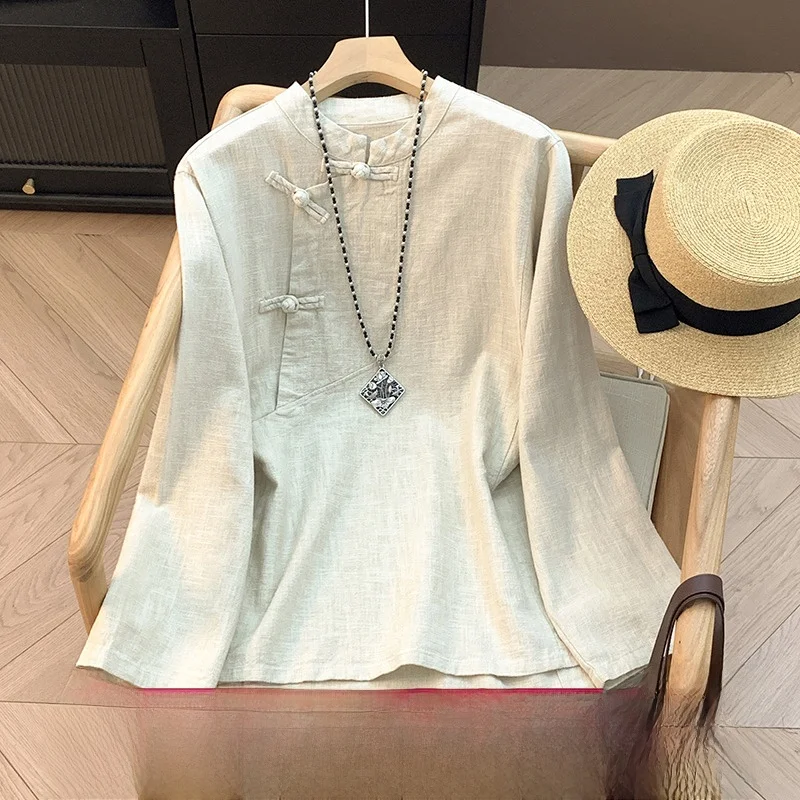 

Spring New Sle Loose Long Sve Cotton Linen irt Retro Button Stand Collar Side Slip Tea Costume T-irt Pure Color Trendy