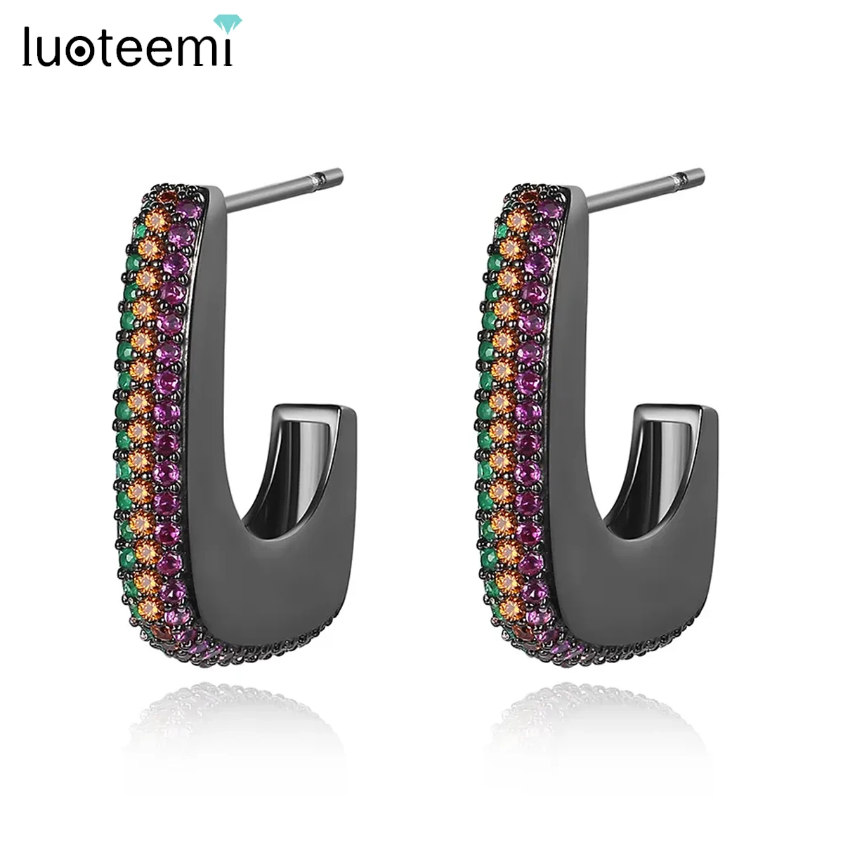 LUOTEEMI Elegant Rainbow CZ Stones Drop Earrings for Women Black Color U Shape Kpop Gothic Men Accessories Fashion Party hombre