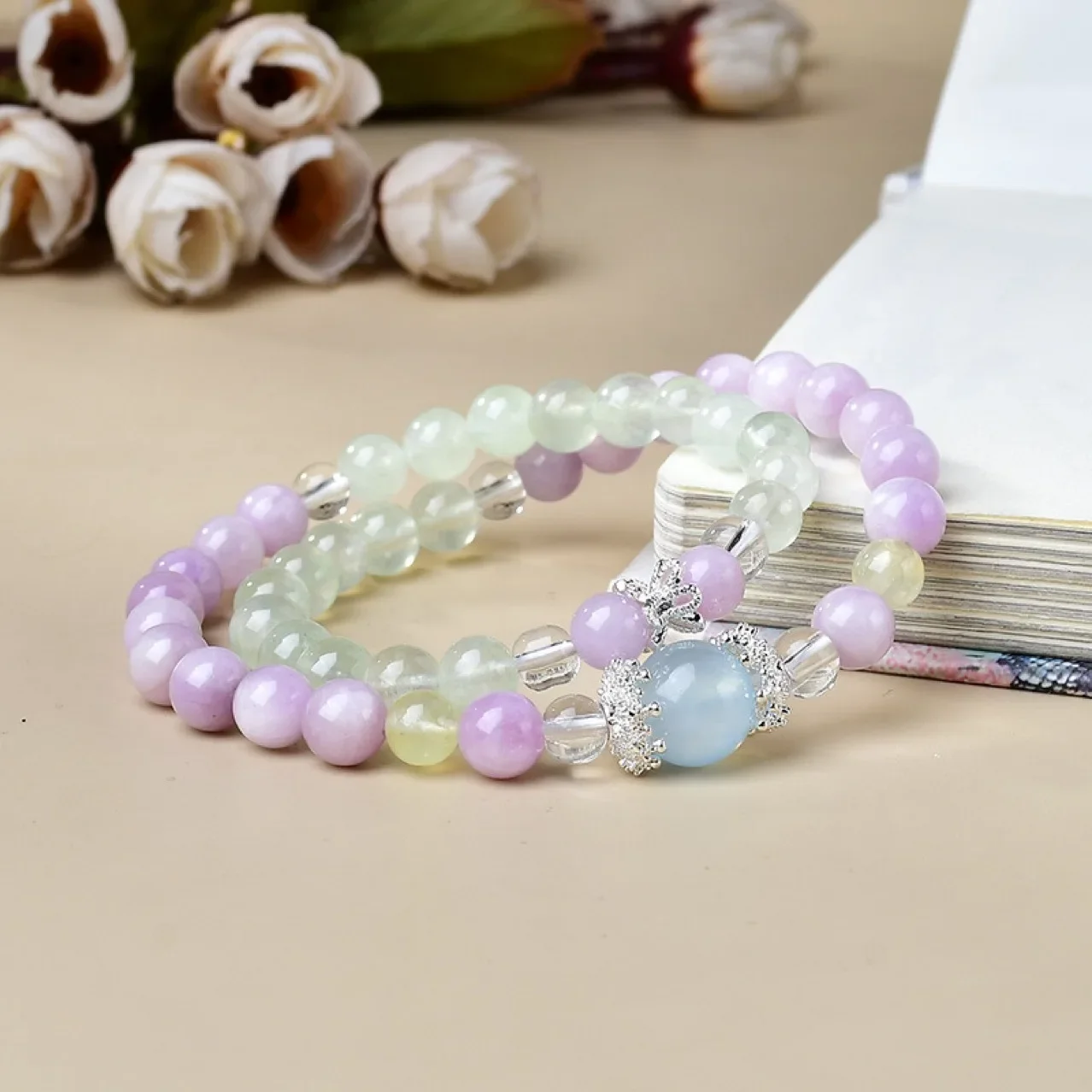 

Natural Aquamarine White Crystal Double Circle Bracelet Women's Fresh Fashion Light Luxury Bracelet Original Design