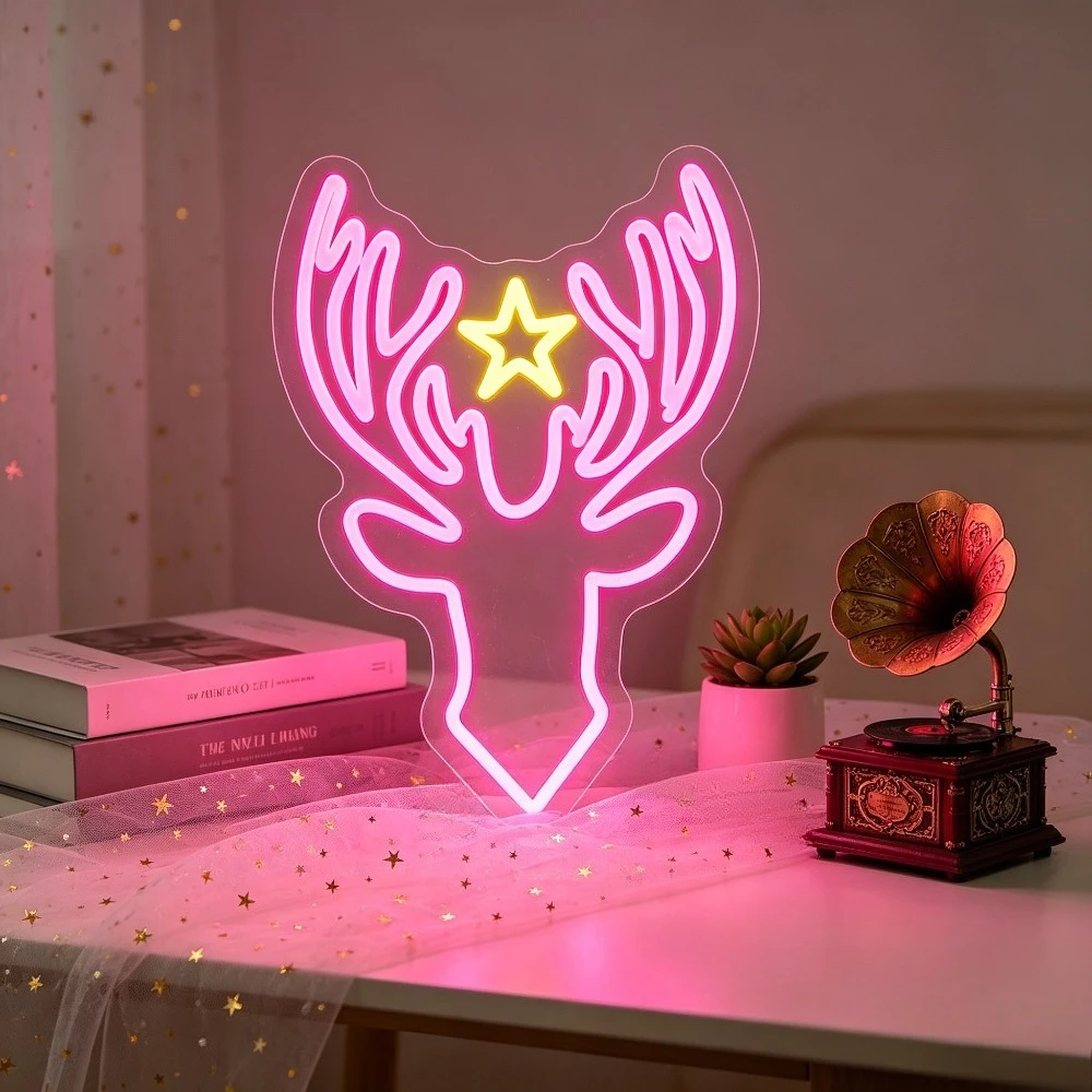 Cute Reindeer Neon Sign LED Dimmable USB Wall Light for Xmas Party Living Room Store Window Wedding Kids Room Nursery Wall Decor