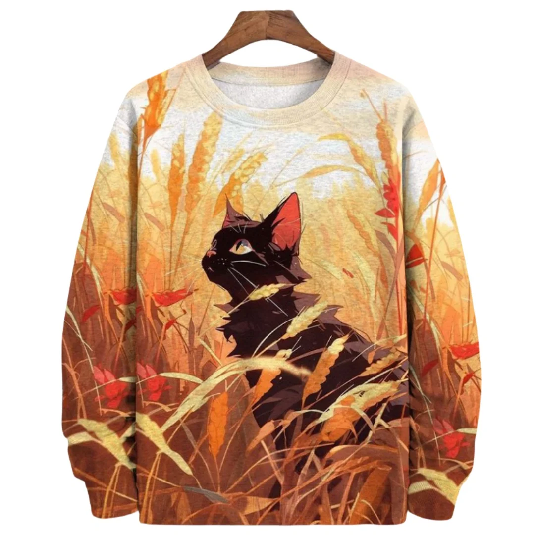 Japanese Samurai Cat Print Men\'s Sweatshirts Cotton Round Neck Long Sleeve Loose Pullover Autumn Oversized Men Clothing Tops 5XL