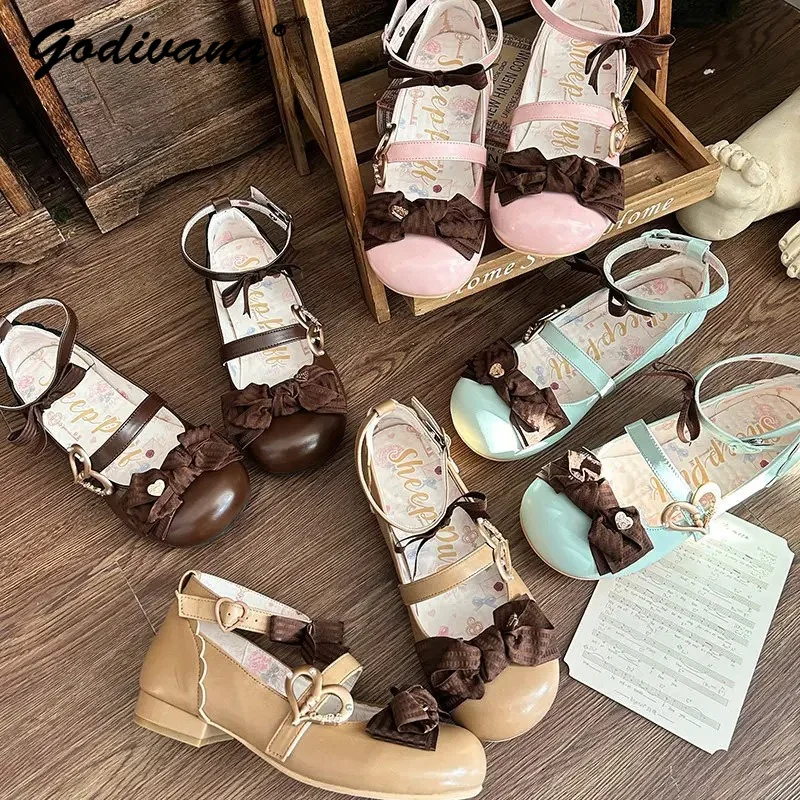 Lolita Style Chocolate Color Retro Cute Bow Low Heel Flats Girls Sweet Leather Pumps Elegant Round Head Princess Shoes