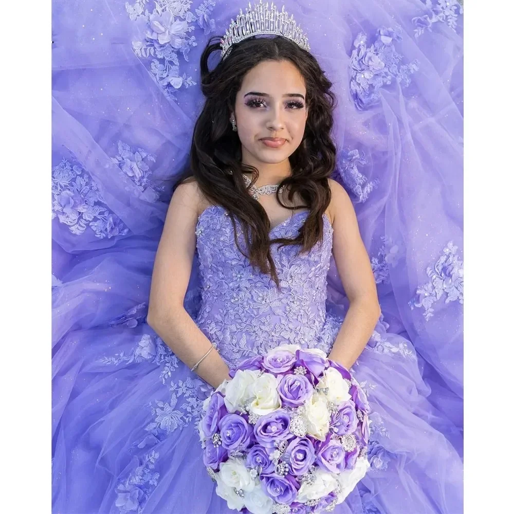 Блестящее искусственное Лавандовое платье для Quinceanera, красивое кружевное платье с цветочным рисунком и шлейфом, для маскарада, для 15-летнего бального платья