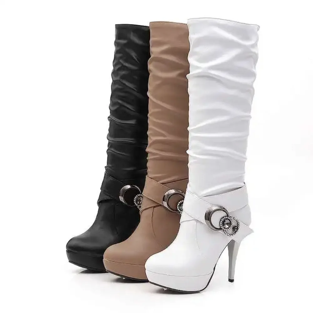 Knee High Boots for Women Sexy Big Size 34-43 Thick Sole Round Toe High Heel Shoes Winter Autumn Long Platform Boots 918