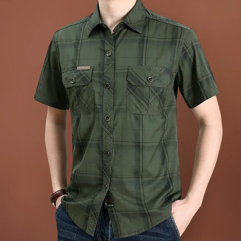 

Summer Plaid Short Sleeve Shirt for Men Middle-Aged plus Size Loose Casual Thin Cotton 2026 New Style