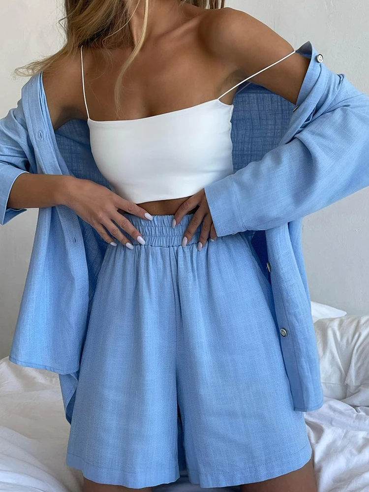 

Fashion Casual Short Set Women Tracksuit Loung Wear Loose Long Shirt Top And High Waist Shorts Two Piece Sets Summer Outfits