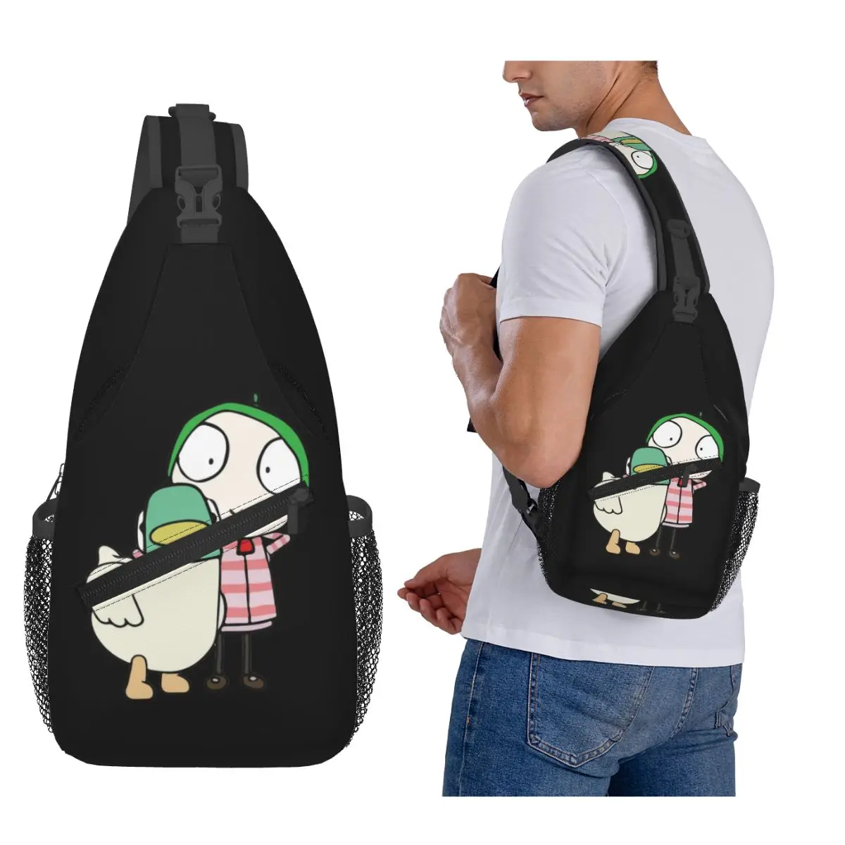 

Сара и утка, забавная нагрудная сумка, мужской рюкзак через плечо на слинге, нагрудная сумка, дорожный походный рюкзак, сумка на плечо