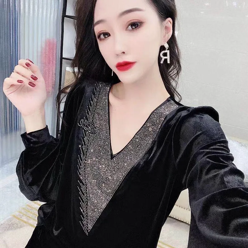 Elegant V-Neck Loose Spliced Diamonds Blouse Women\'s Clothing 2024 Autumn New All-match Casual Pullovers Office Lady Shirt