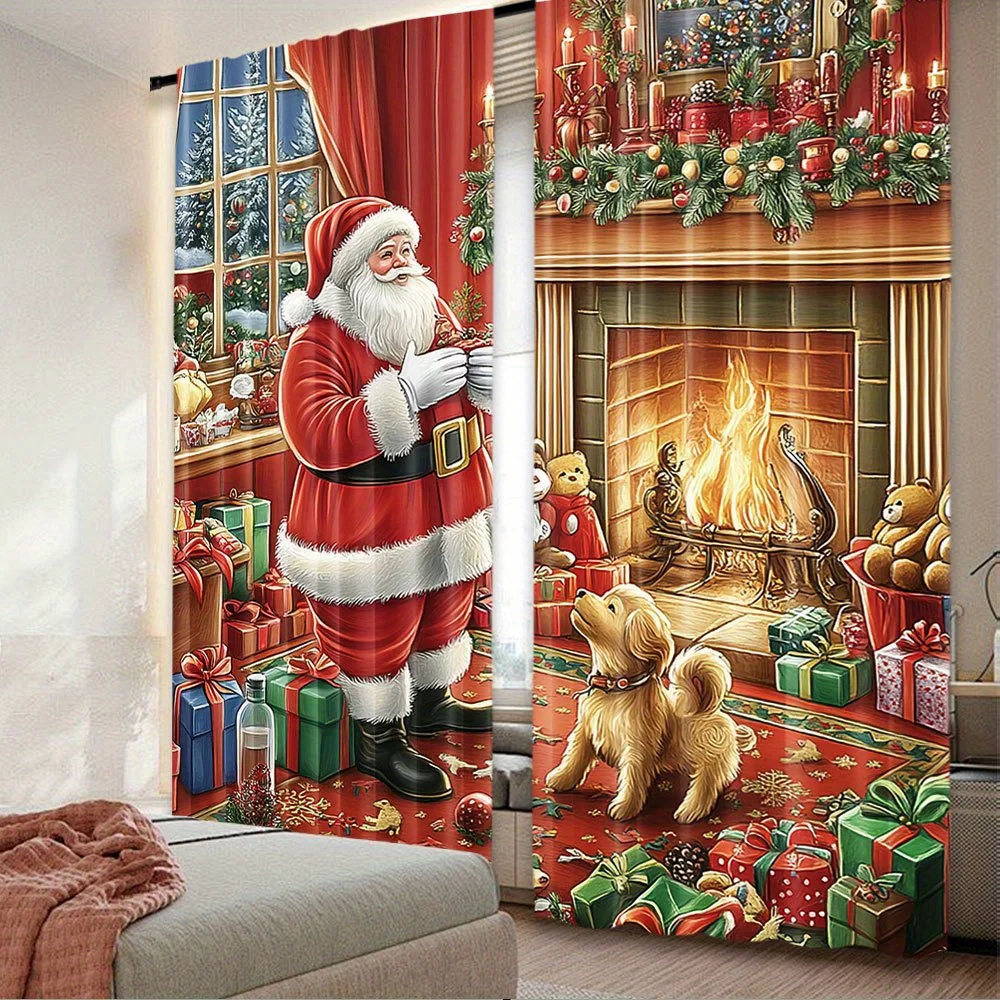 Santa Claus Curtains, Christmas Fireplace Puppy Graphic Window Drapes, Xmas Home Decor, Blackout Fabric for Living Room