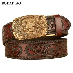 BOKADIAO Men Genuine Leather Belt Luxury Gold Lion Metal Automatic Buckle Cowhide Belts for Men Jeans Waistband Male Strap Black