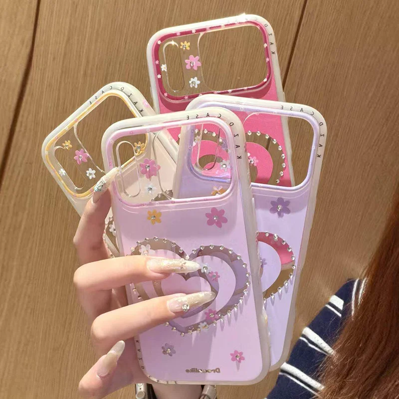 

Jewelled border Cute Love Heart Case for IPhone 17 16 15 14 Pro Max 17promax 16pro 15pro Shockproof Soft Clear Cases Coque Girl
