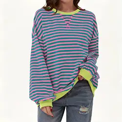 Women Striped Color Block Oversized Sweatshirt Crew Neck Long Sleeve Shirt Pullover Top Casual Loose fit Sweater tshirt  tops