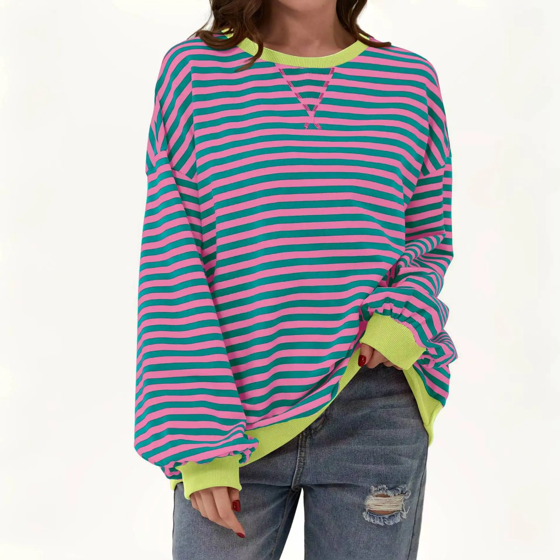 Women Striped Color Block Oversized Sweatshirt Crew Neck Long Sleeve Shirt Pullover Top Casual Loose fit Sweater tshirt  tops