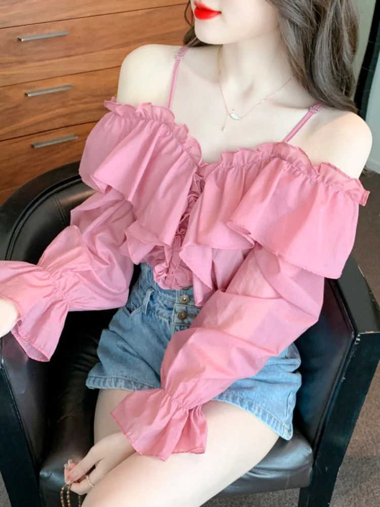 Spring Summer Women\'s Sexy One Word Collar Ruffles Shirt Women Lantern Sleeve Korean Style Simple All-match Backless Blouse Top