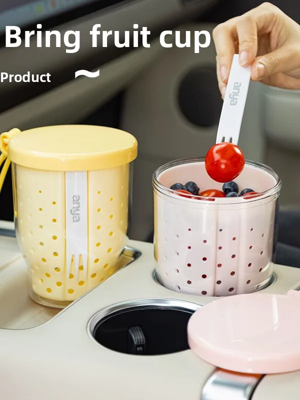 

Portable Food ade Outdoor Picnic Salad Cup with Fork Lightweight Fruit Cup Double Layer Preservation Drainage Cup