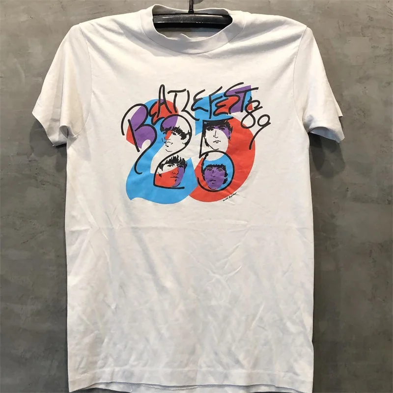 Beatle Fest Vintage Short Sleeve T-Shirt Color Block Portrait Music Festival Ame K Style Retro Cotton Youth Casual Summer Top