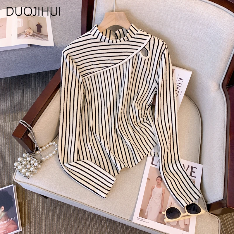 DUOJIHUI Autumn Classic Striped Slim Basic Women T-shirts New Chic Hollow Out Simple Casual Fashion Spell Color Female T-shirts