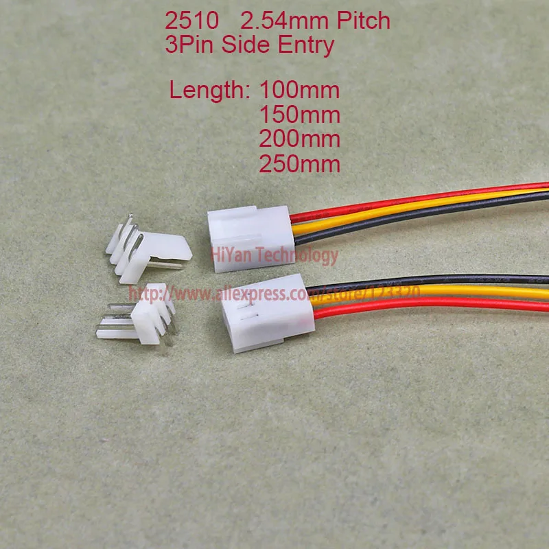 50sets 2510 2.54mm Pitch Side Entry 3Pin Connector 100mm To 250mm with 1007 26AWG Electronic Wire Cable 3AW Pin Header