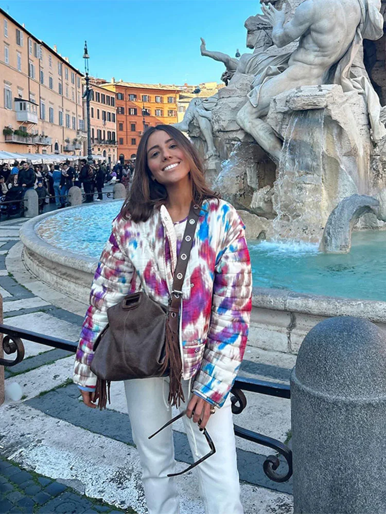 

Женское модное короткое хлопковое пальто с принтом, шикарные куртки с круглым вырезом и длинным рукавом и карманами, новинка 2024, элегантная уличная женская верхняя одежда