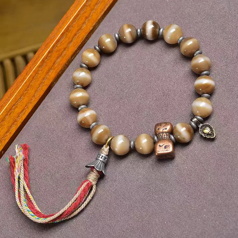 

Натуральная инкрустация, эмалированный одиночный круглый узор, застежка из бисера Дзи, желтый браслет-аксессуар «Бог богатства»