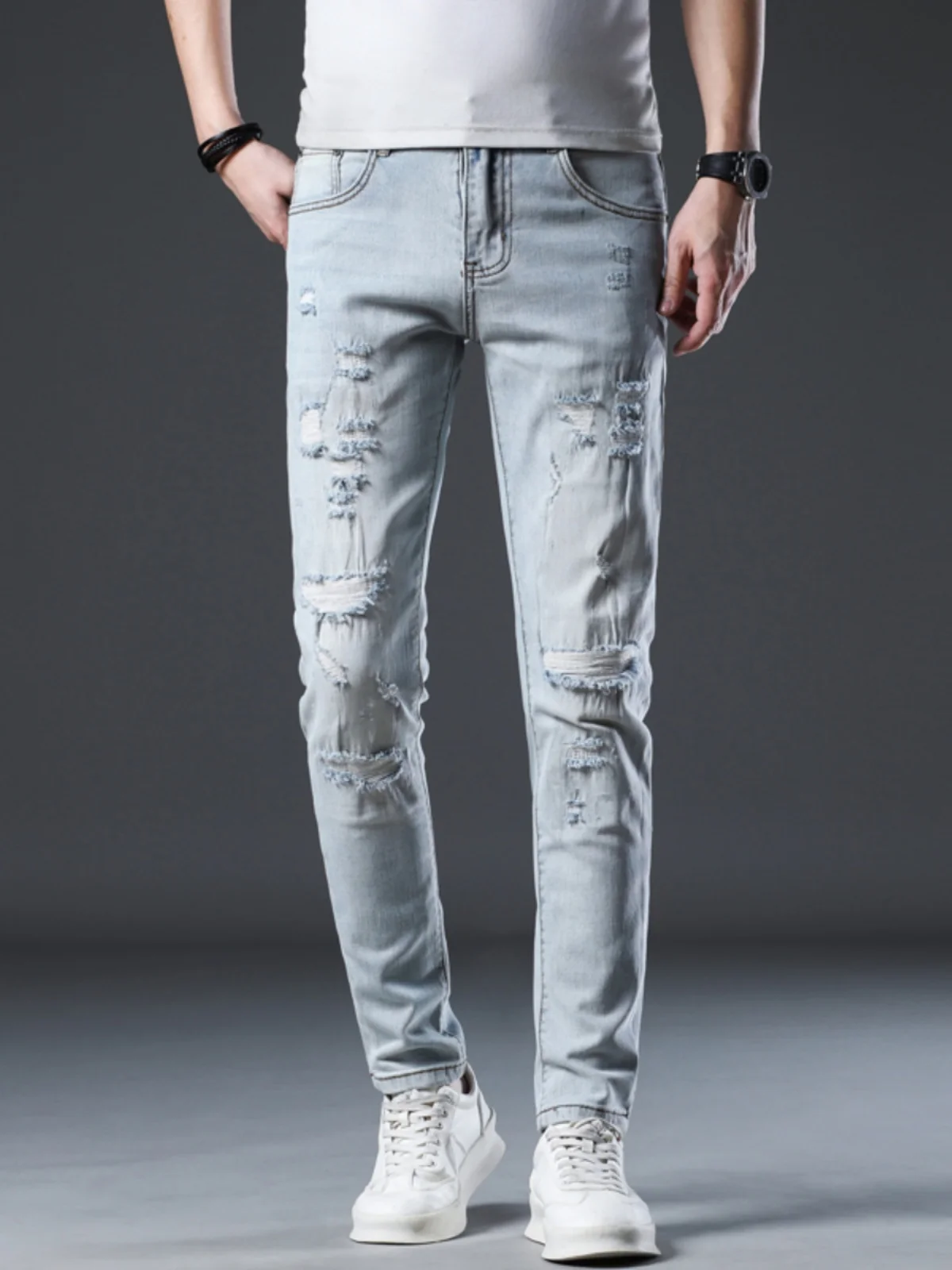 

High-End Men's Slim Fit Denim Jeans Retro Trendy Patchwork Elastic Wear-Resistant Straight Leg Long Pants Casual Sle