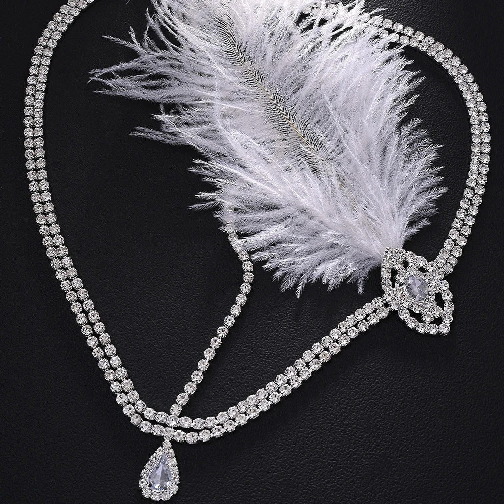 خمر 1920s الأبيض ريشة عقال غاتسبي النساء إكسسوارات الشعر تصميم العرقية حجر الراين رئيس سلسلة الزعنفة حفلة موسيقية مجوهرات هدية #5
