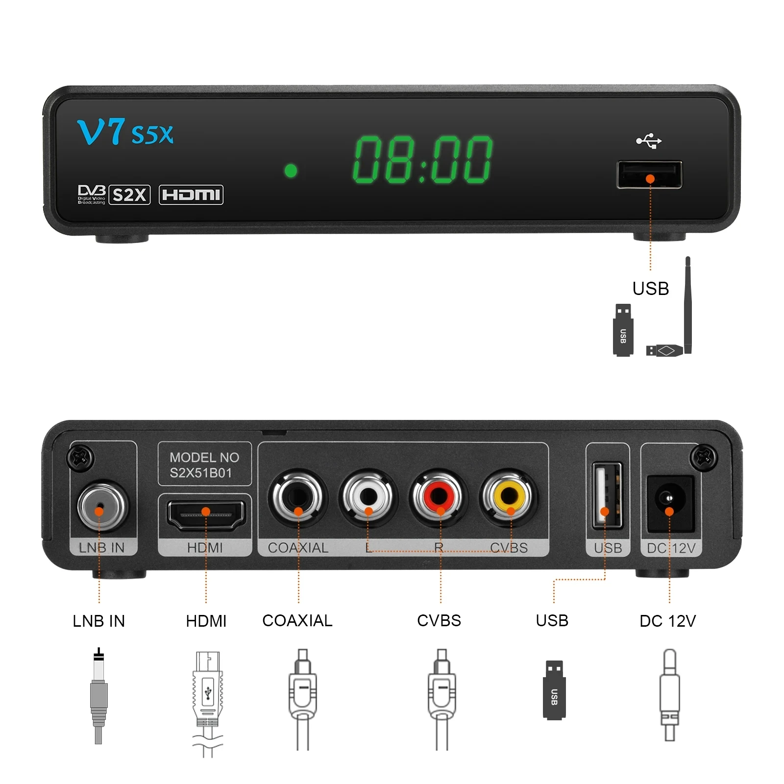 GTMEDIA V7S5X ECAM Satellite Receiver DVB-S/S2/S2X H.265(8bit) Digital Receiver Support Ccam,IKS,AVS +,CCM,ACM,VCM With USB WIFI