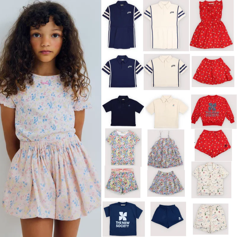 

Children's T-shirt 2026 Summer New Cartoon Cute Boy And Girl Short Sleeved Cotton Floral Camisole Shorts Full Print Girl Dress