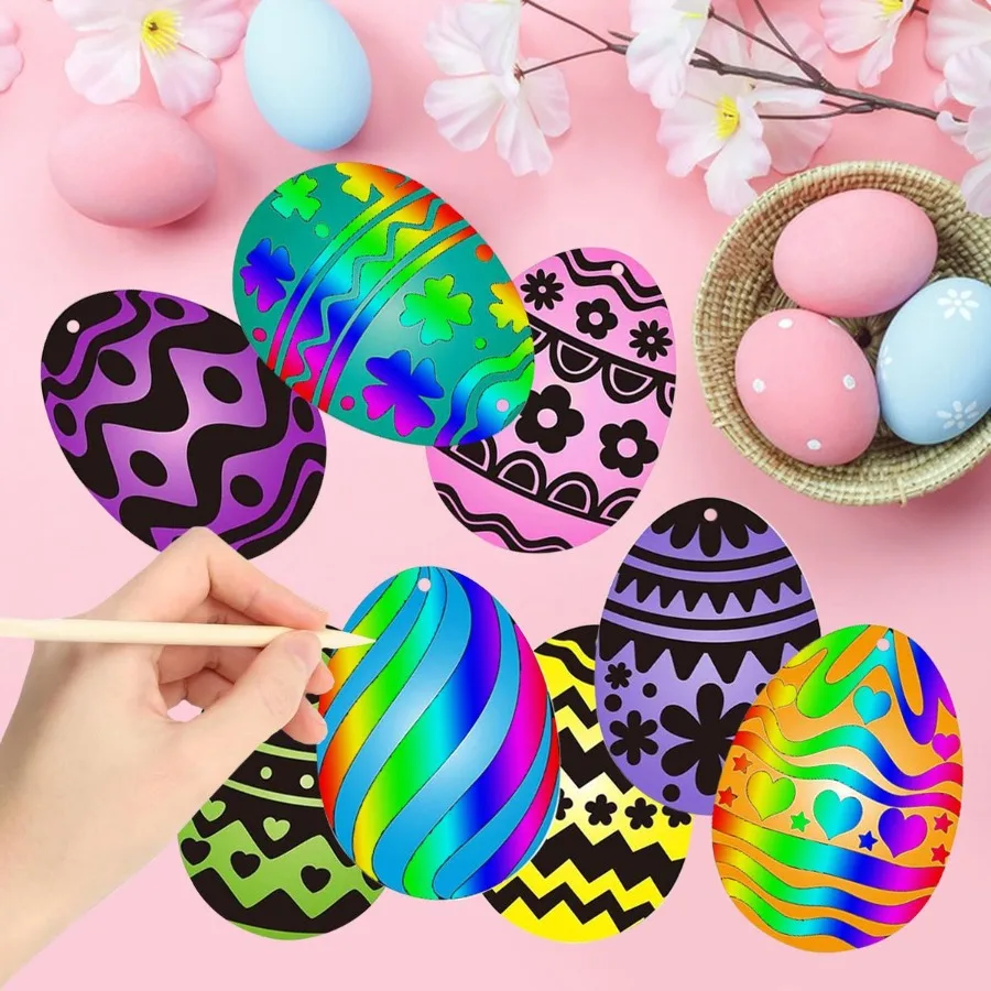 80 枚イースタースクラッチカード紙色ロープと竹ペンカラフルなスクラッチオフ絵画ウサギとニンジンギフトパッケージ