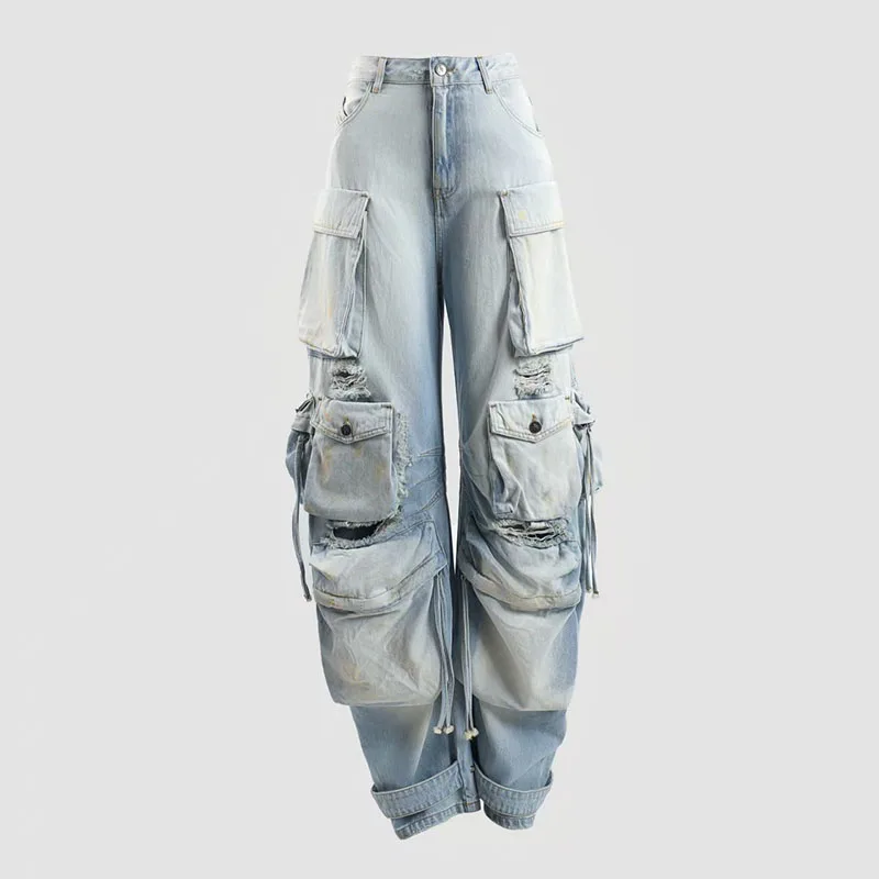 Women's jeans 2025 Winter new low waisted slim fit pure cotton wide leg pants Retro ripped cargo pants Multi pocket denim pants