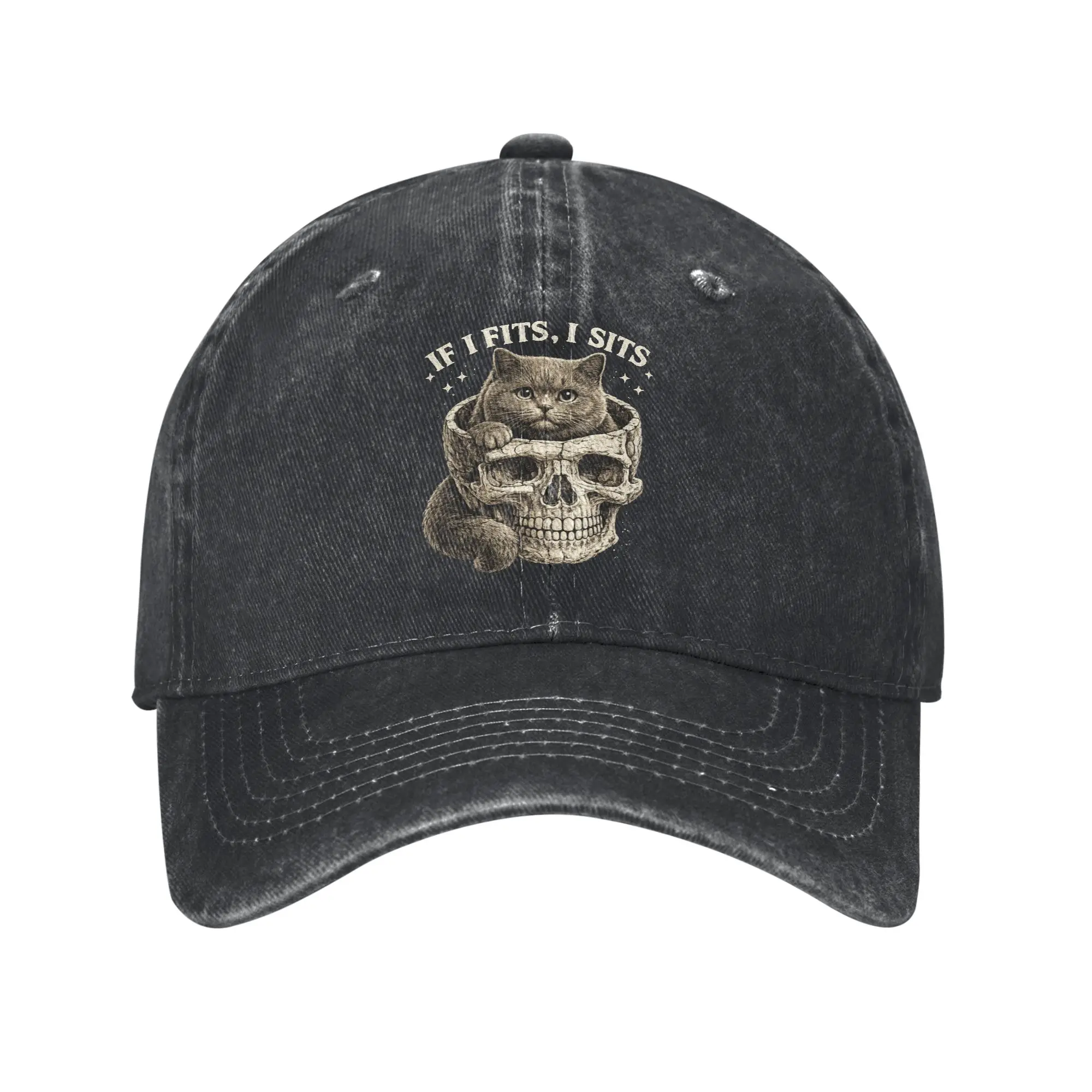 If I Fits I Sits Black Cat Skull Gothic Dark Humor Style Casual Baseball Cap  Running Hippie Hip Hop Hats High Quality Cap