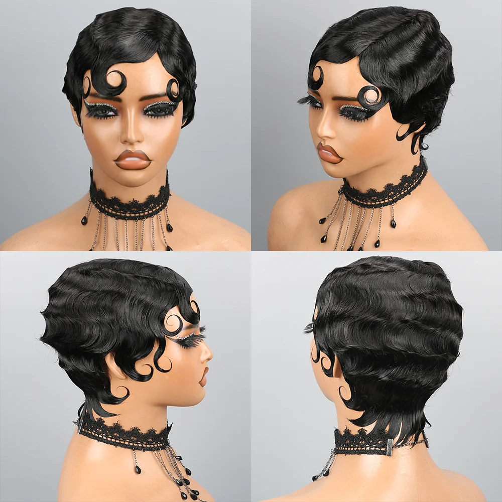 Parrucche corte con taglio pixie Parrucche per capelli umani con onde oceaniche per donne nere Parrucca piena fatta a macchina