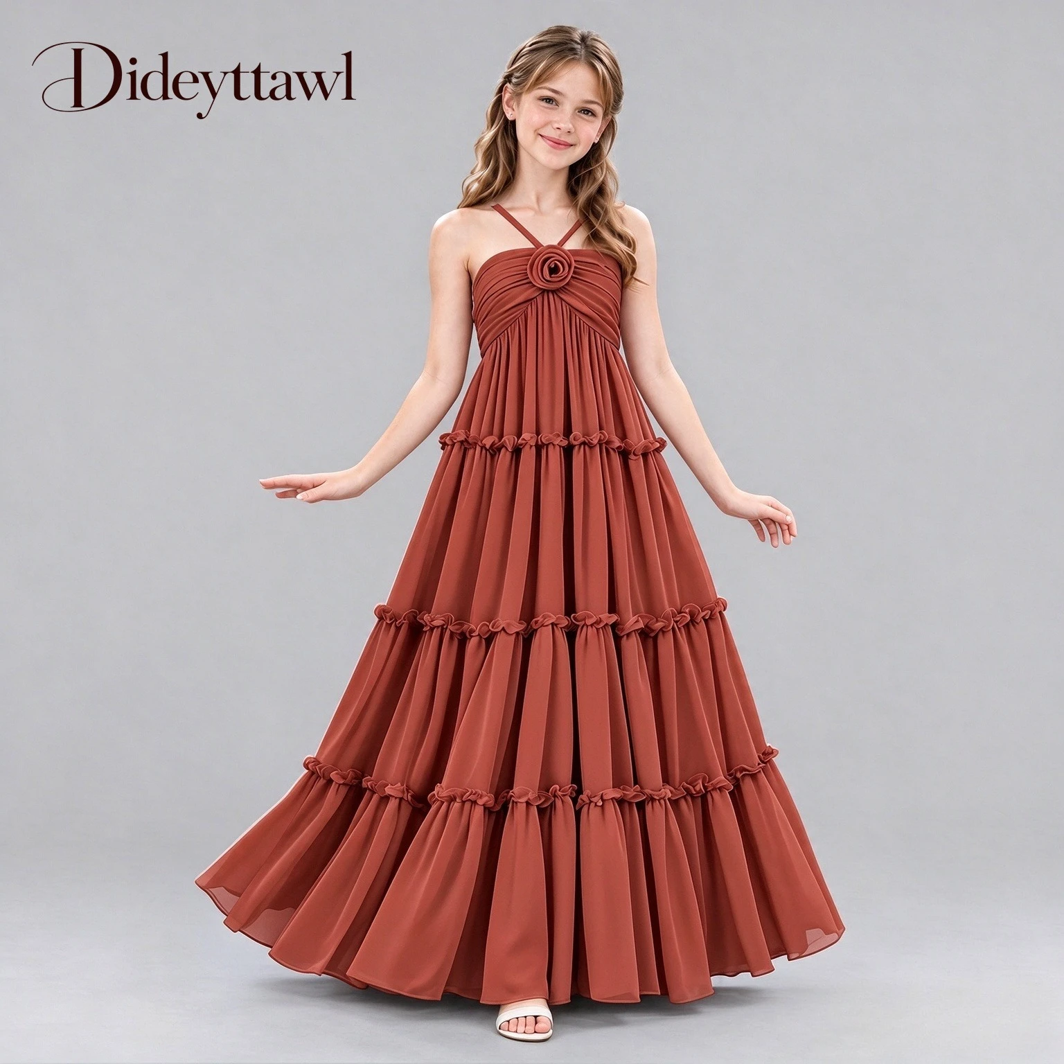 Dideyttawl Junior Bridesmaid Cross Strap Rosette Tiered Ruffle Long Gown Wedding Party Kids Bridesmaid Dresses with Many Colors