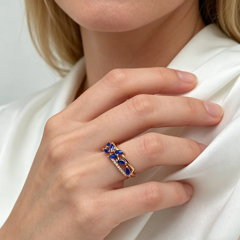 Kinel Hot Blue Natural Zircon Ring for Women Trendy 585 Rose Gold Leaf Ring Romantic Vintage Wedding Jewelry Fashion 2026