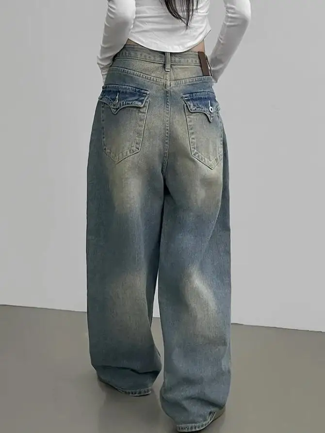 

High Waist Wide Leg Denim Jeans Retro Washed Pocket Design Loose Fit Ladies Premium Quality Winter Collection Deep to Light C...