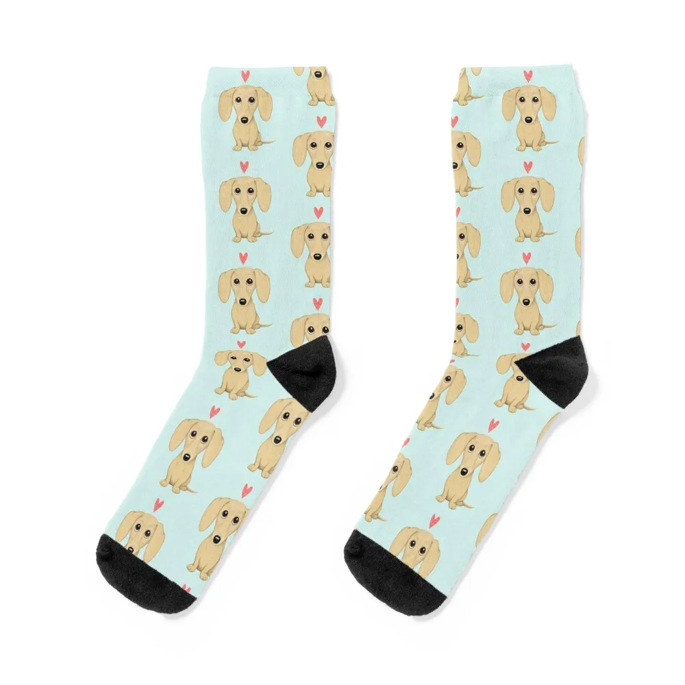 

Cream Smooth Coated Dachshund Dog Cartoon with Heart Socks happy Non-slip Socks Women's Men's