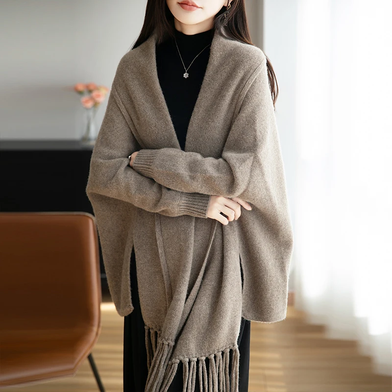 Versatile Solid Color 100% Wool Fringed Shawl Women's Autumn/Winter Fashionable Vintage High-End Feel Travel Warm Outerwear