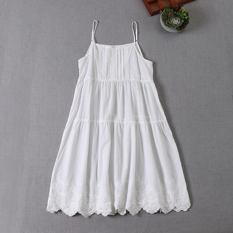 Japanese Sweet Mori Girl Embroidery Spaghetti Strap Slip Dress Women Summer Solid Color Cotton A-line Underdress Tank Dresses