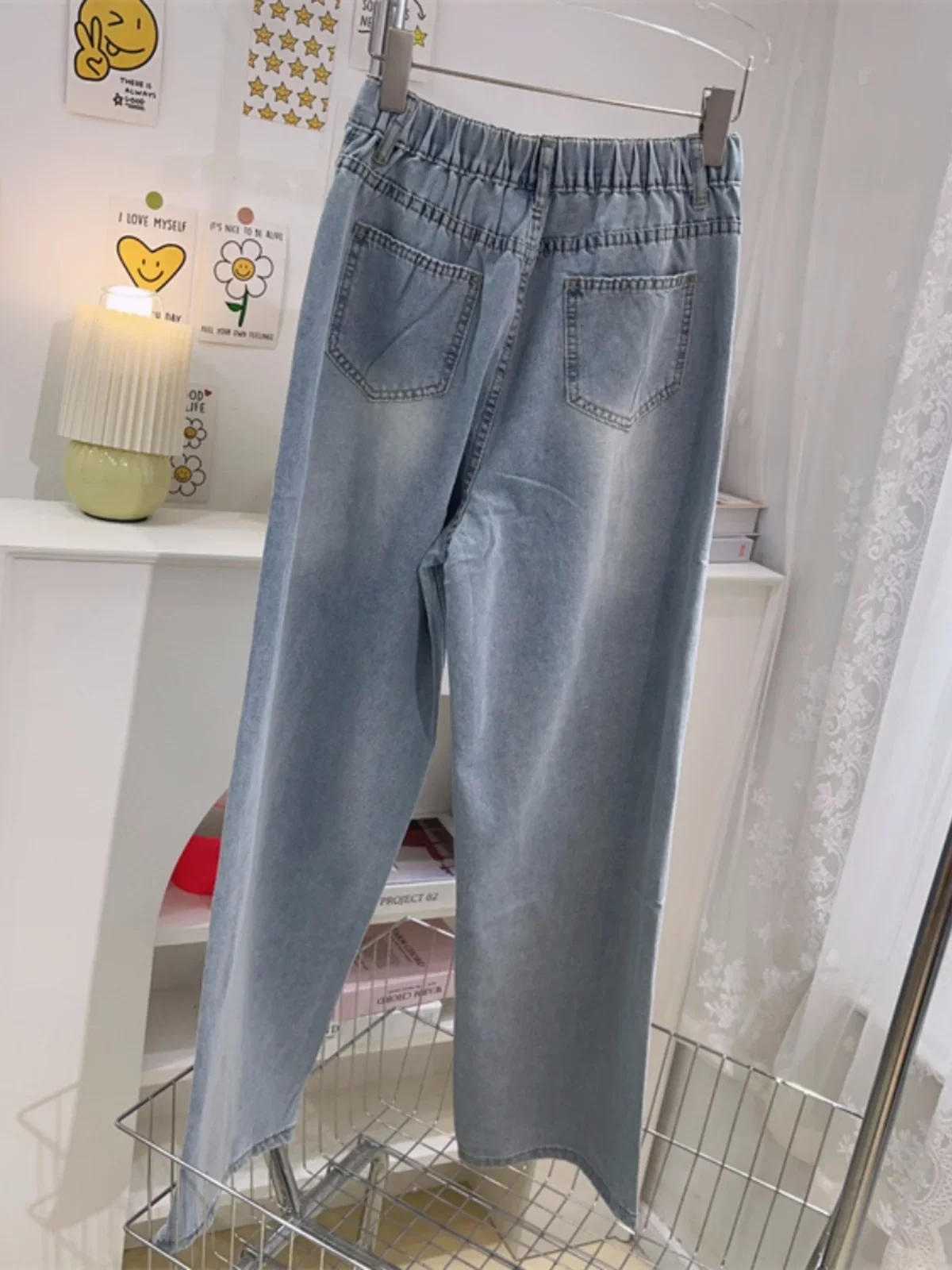 Cute Cartoon Printed Wide Leg Jeans for Women Spring Summer Loose Light Blue Straight Long Pants High Waist Jeans Female Student