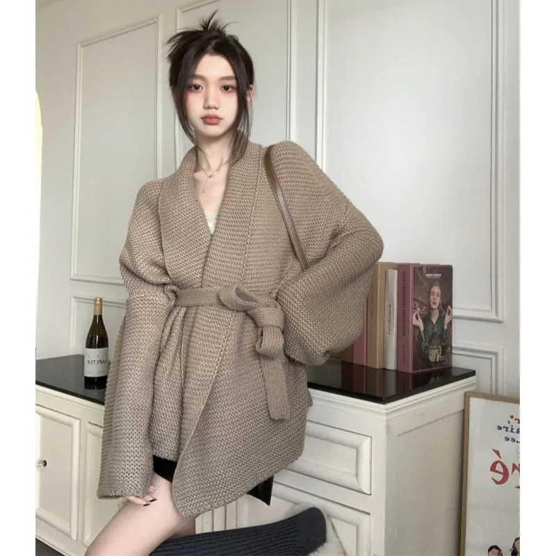 

Ele V-Ne Oversized Sweater Coat Women's Spring Autumn Lazy Sle Loose Belted Waist Slimming Knitted Top