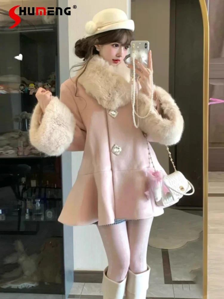 

Women's 2024 New Elegant High-end Super Good-looking Blends Feminine Loose Comfort Long Sleeve Coats Cape Fur Collar Woolen Coat