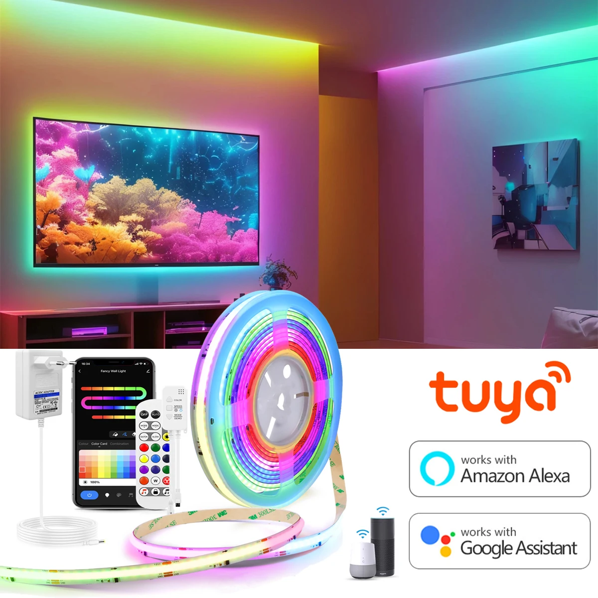 Tuya Smart Wifi Flexible RGBIC Neon Led Strip Kit 12V Music Sync APP Remote Control WS2811 IC COB Led Tape for Alexa Google Home