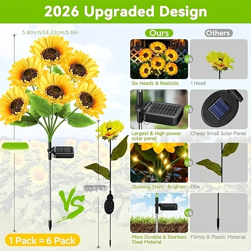 2PCS Sunflower Solar Garden Lights, Solar Sunflowers, Solar Ground Stake Lights for Yard, Lawn, Patio / Holiday Decor for Christmas / Halloween / Valentine's Day to Create a Romantic Atmosphere, Single Bundle of 6 Sunflowers - view 3