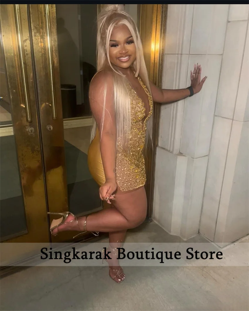 Glitter Gold Diamonds Prom Dresses Halter Beads Rhinestone Crystal Senior Birthday Cocktail Party Homecoming Customized 